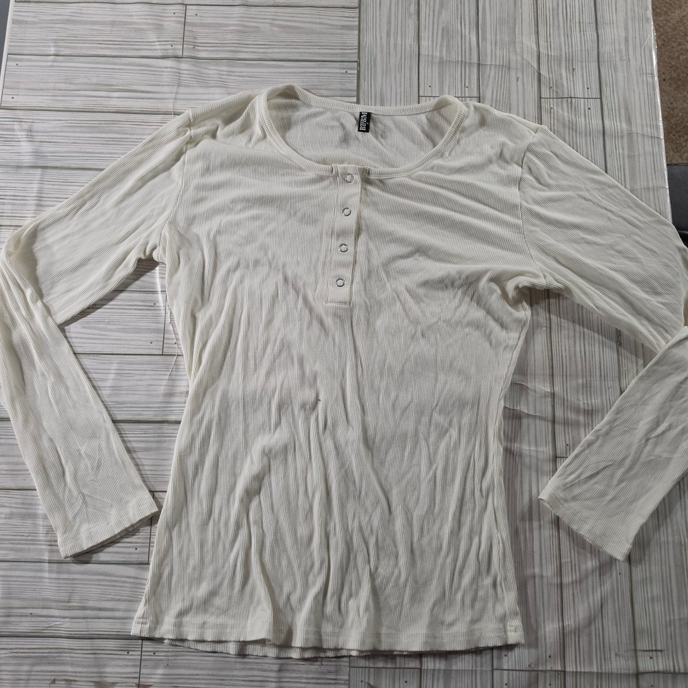 BTFBM Mens Long Sleeve Henley Shirt Ribbed Knit Slim Fit Cream Off White Size M